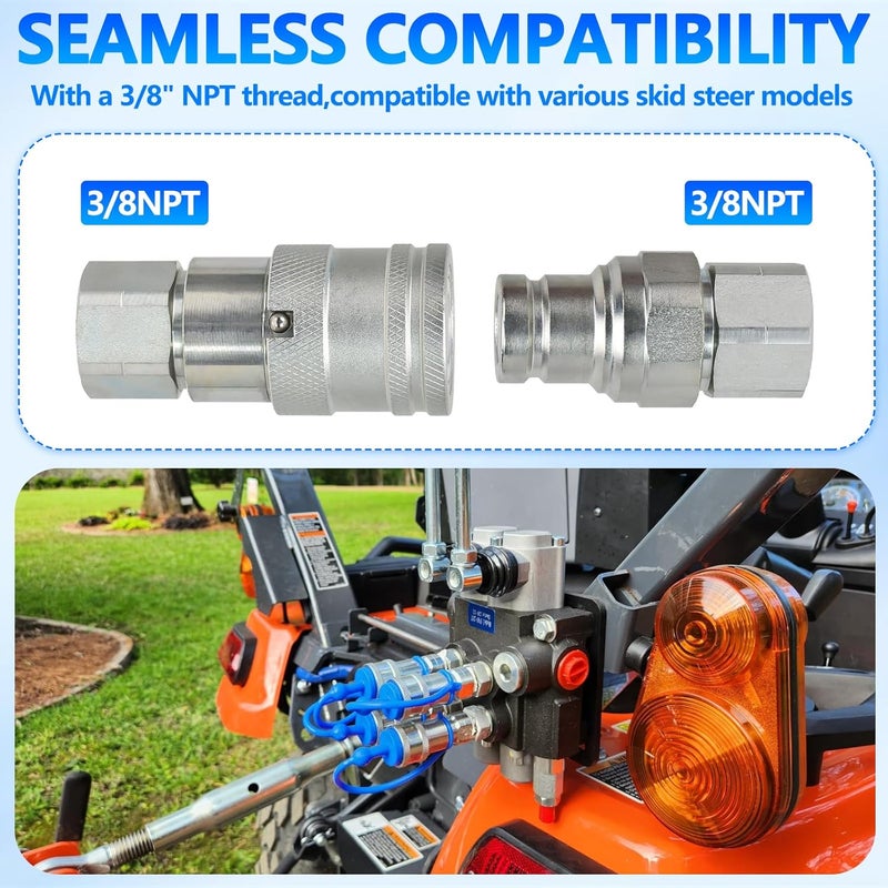 Cplbrb 3/8’’ NPT Flat Face Hydraulic Quick Connect Couplers/Couplings with Dust Caps, The Universal Bobcat Flat Face Quick Connect Fittings with with 3/8’’ Body ISO 16028 Standard - Image 2